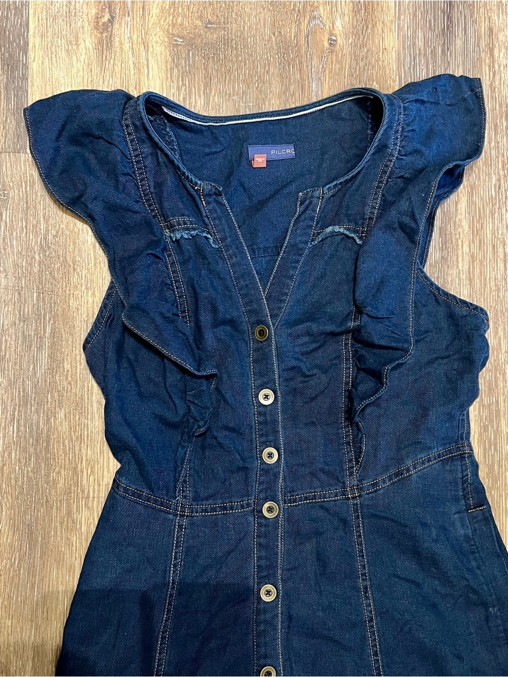 Pilcro Dark Blue Denim Button-Front Overall Dress with Ruffle Sleeves